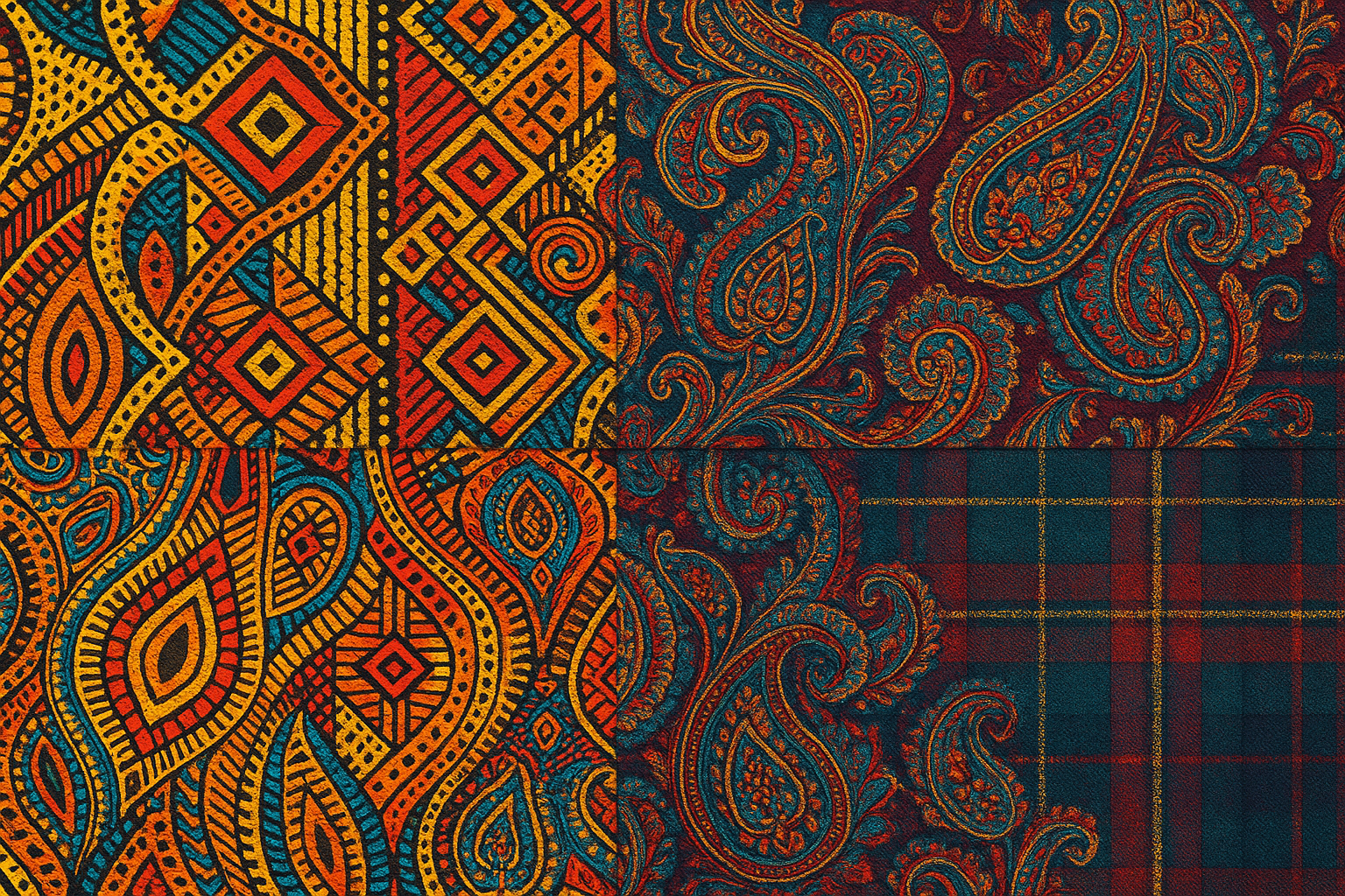 a colorful mix of african Ankara tapestry, scottish paisley and tartan patterns